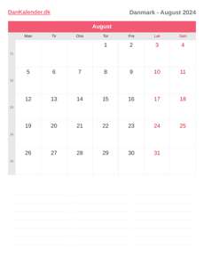 Kalender 2024 August