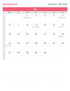 Kalender 2024 Maj