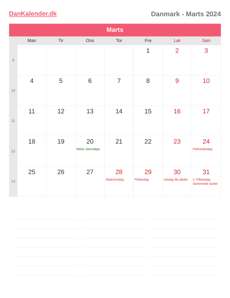 Kalender 2024 Marts