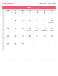 Kalender 2025 April