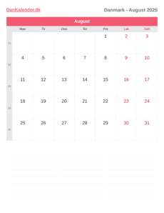 Kalender 2025 August