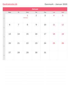 Kalender 2025 Januar