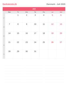 Kalender 2025 Juli