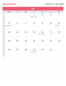 Kalender 2025 Maj