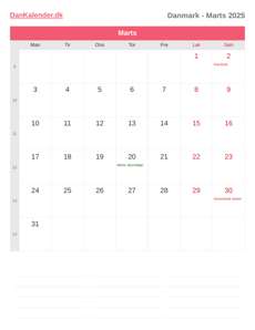 Kalender 2025 Marts