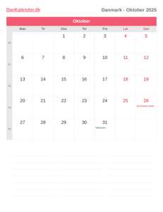 Kalender 2025 Oktober
