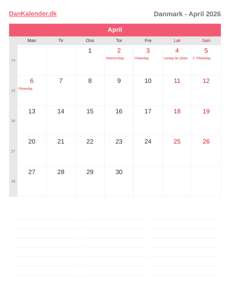 Kalender 2026 April
