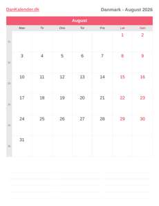 Kalender 2026 August