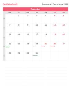 Kalender 2026 December