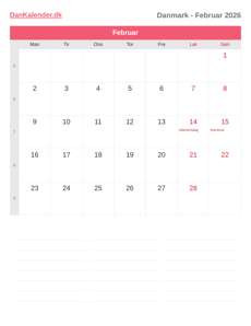 Kalender 2026 Februar
