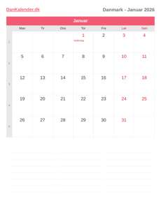 Kalender 2026 Januar