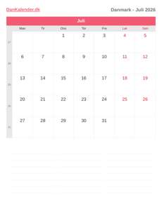 Kalender 2026 Juli