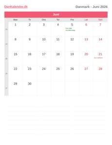 Kalender 2026 Juni