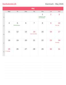 Kalender 2026 Maj