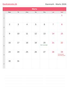 Kalender 2026 Marts