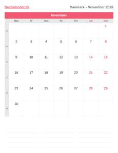 Kalender 2026 November