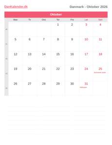 Kalender 2026 Oktober