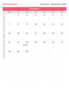 Kalender 2026 September