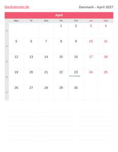 Kalender 2027 April