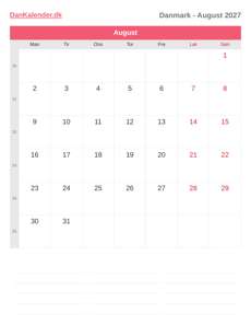 Kalender 2027 August