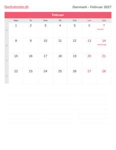 Kalender 2027 Februar