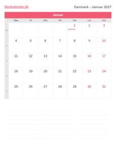 Kalender 2027 Januar
