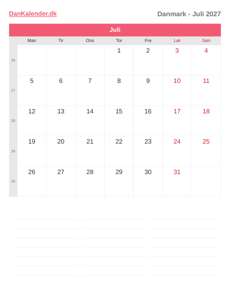 Kalender 2027 Juli