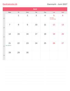 Kalender 2027 Juni