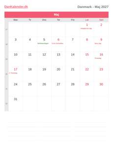 Kalender 2027 Maj
