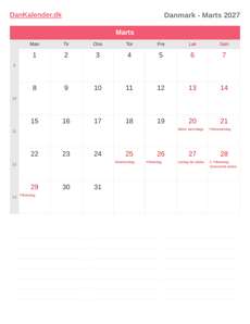 Kalender 2027 Marts