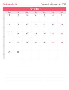Kalender 2027 November