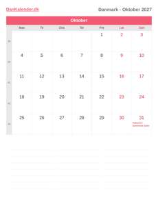 Kalender 2027 Oktober
