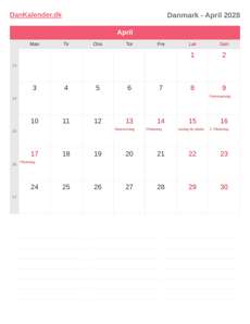 Kalender 2028 April
