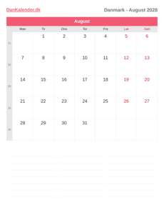 Kalender 2028 August