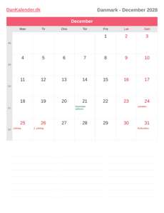 Kalender 2028 December