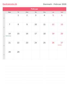 Kalender 2028 Februar