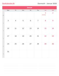 Kalender 2028 Januar