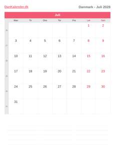 Kalender 2028 Juli