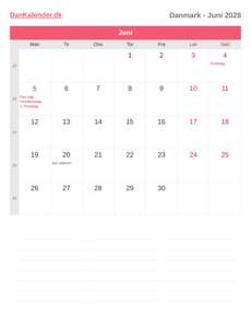 Kalender 2028 Juni