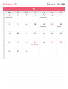 Kalender 2028 Maj