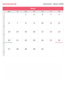 Kalender 2028 Marts