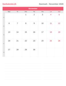 Kalender 2028 November