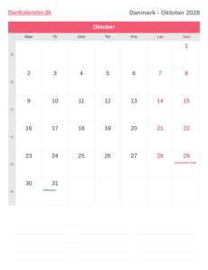 Kalender 2028 Oktober