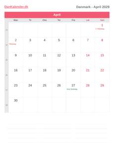 Kalender 2029 April