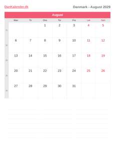 Kalender 2029 August