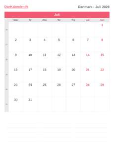 Kalender 2029 Juli