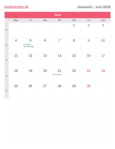 Kalender 2029 Juni