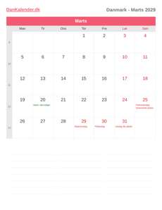 Kalender 2029 Marts