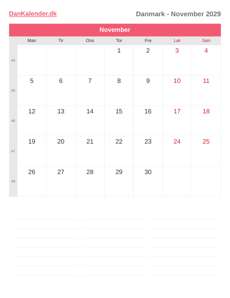 Kalender 2029 November