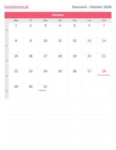 Kalender 2029 Oktober